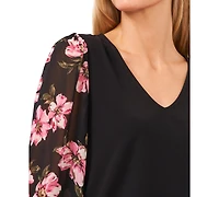 CeCe Women's 3/4-Floral Sleeve V-Neck Blouse