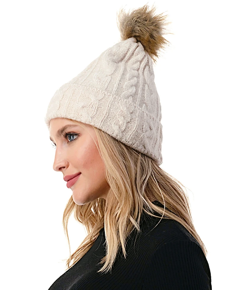 Marcus Adler Women's Cable Knit Faux Fur Pom Beanie