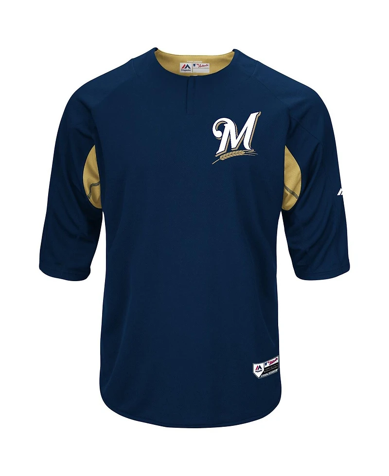 Men's Navy and Gold-Tone Milwaukee Brewers Authentic Collection On-Field 3 4-Sleeve Batting Practice Jersey