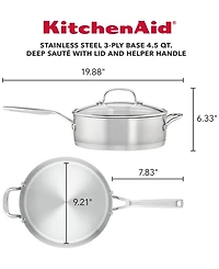 KitchenAid 3-Ply Base Stainless Steel 4.5 Quart Induction Saute Pan with Helper Handle and Lid