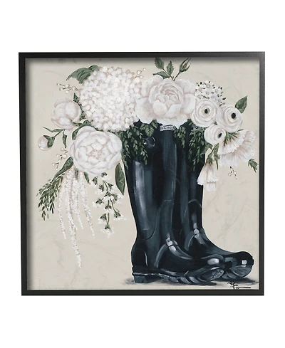 Stupell Industries White Flower Arrangement in Black Boots Painting Black Framed Giclee Texturized Art, 12" x 12"