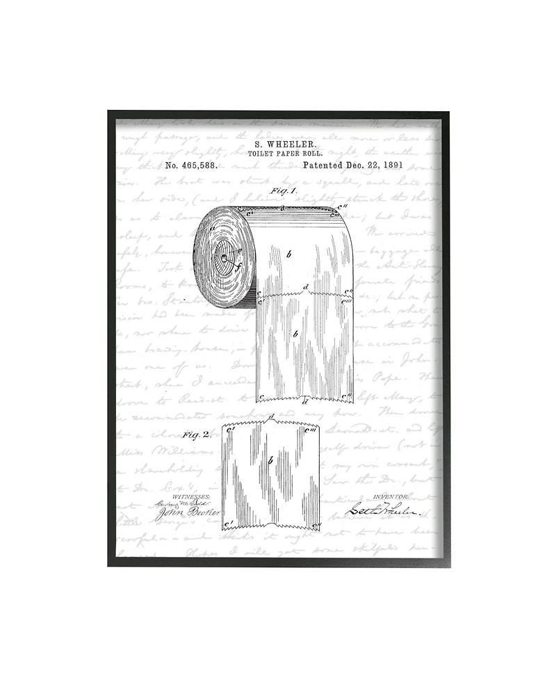 Stupell Industries Toilet Paper Roll Patent Black and White Bathroom Design Black Framed Giclee Texturized Art, 11" x 14"