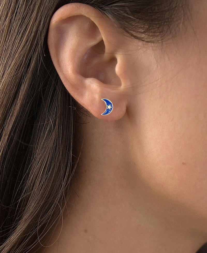 Cubic Zirconia & Enamel Crescent Moon Stud Earrings in 14k Gold-Plated Sterling Silver