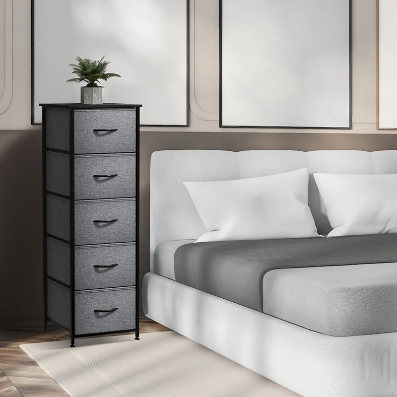 Sorbus Narrow 5 Drawers Nightstand with Steel Frame, Wood Top, Easy Pull Fabric Bins for Home, Bedroom