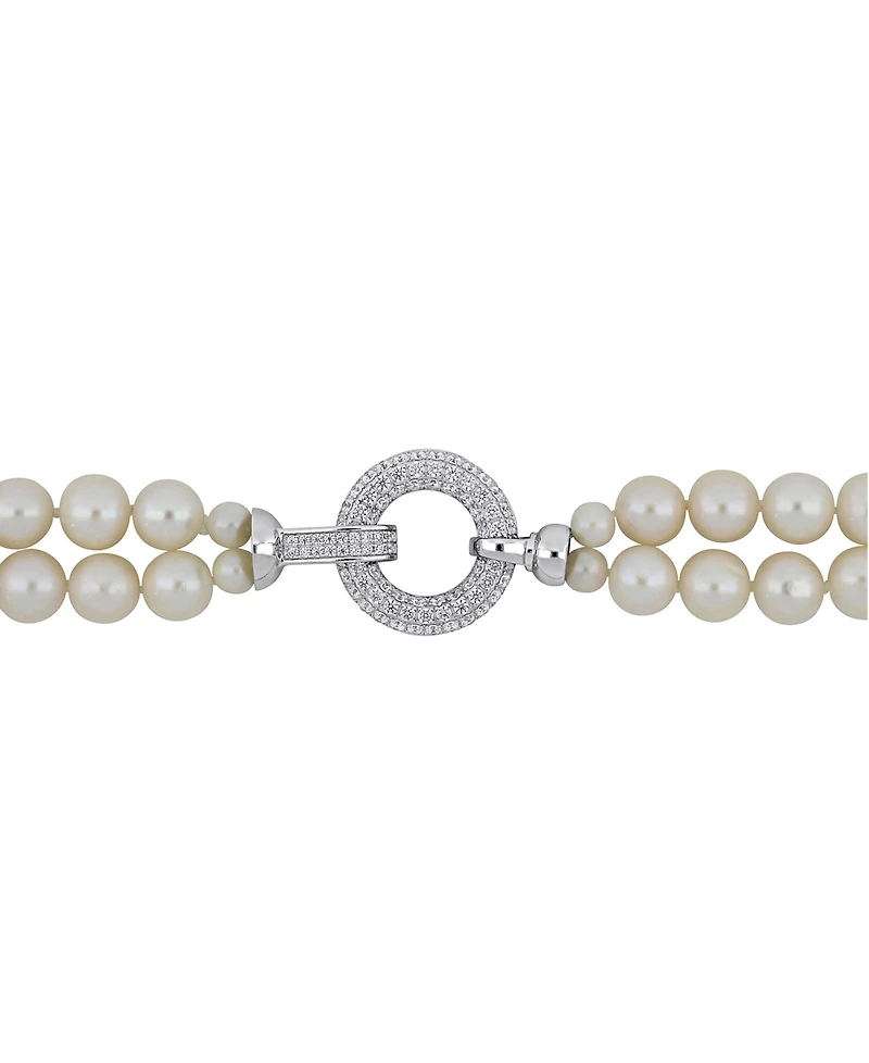 Cultured Freshwater Pearl (7 - 8mm) & Cubic Zirconia Double Strand 17" Collar Necklace