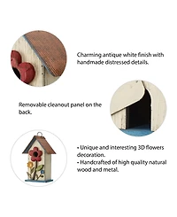 Glitzhome 10.25" Washed Birdhouse with 3D Flowers