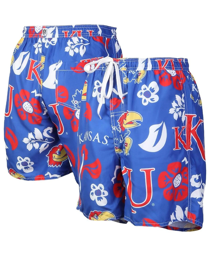 Men's Wes & Willy Royal Kansas Jayhawks Floral Volley Logo Swim Trunks