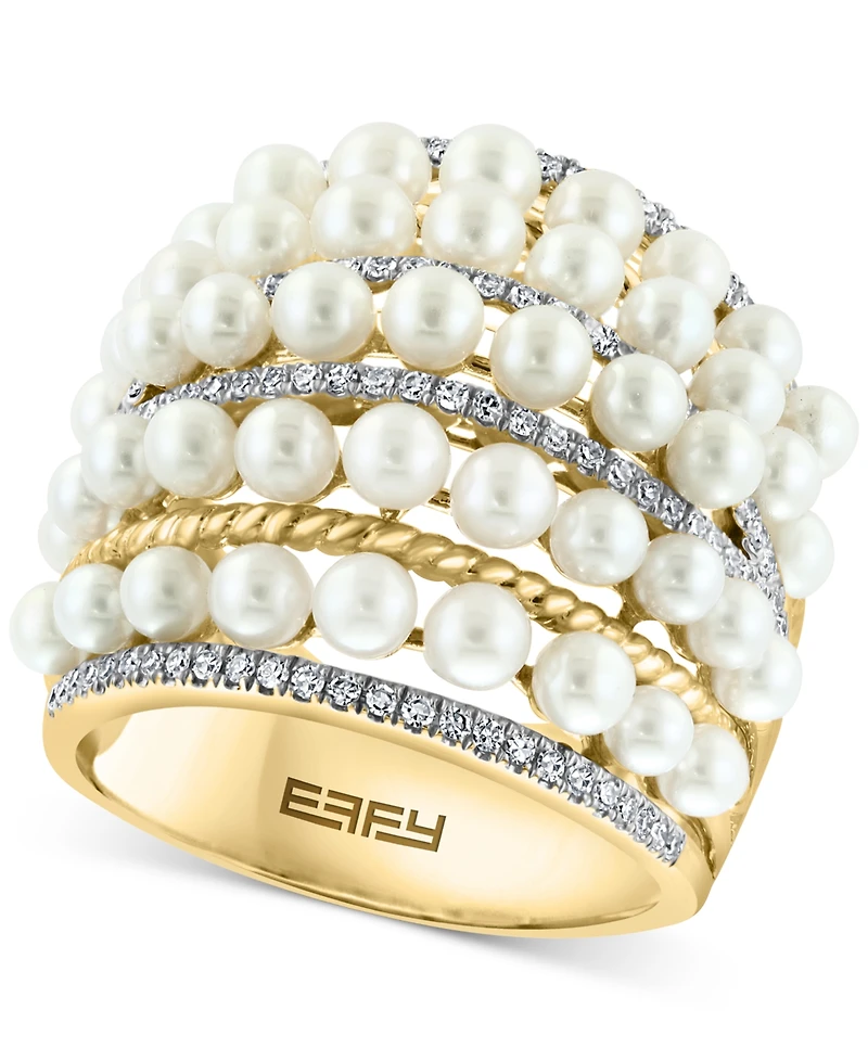 Effy Cultured Freshwater Pearl (4mm) & Diamond (3/8 ct. t.w.) Multirow Statement Ring in 14k Gold