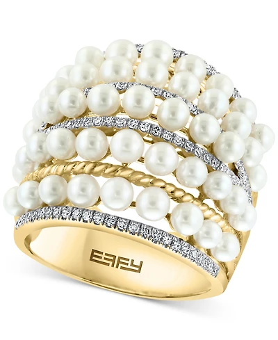 Effy Cultured Freshwater Pearl (4mm) & Diamond (3/8 ct. t.w.) Multirow Statement Ring in 14k Gold