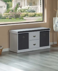 Basicwise White Shoe Storage Bench with Wooden Frame, 2 Drawers, Foldable Baskets, and Comfortable Gray Cushion for Entryway, Hallway, or Bedroom Orga