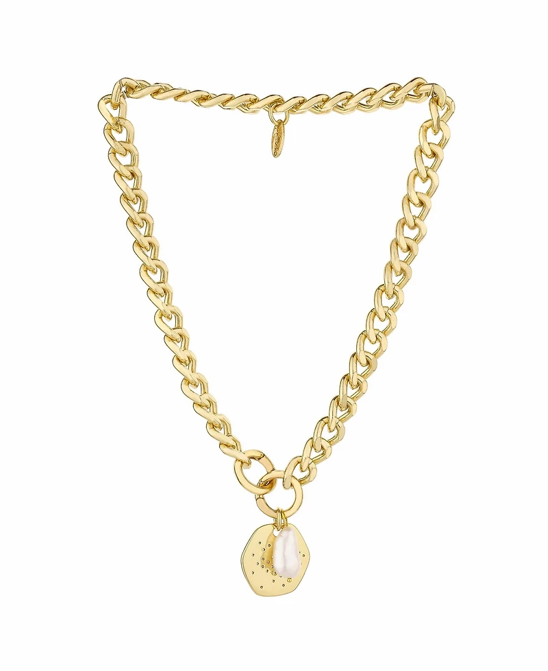 Ettika 18K Gold Plated Chunky Chain and Disc with Cultured Freshwater Pearl Necklace