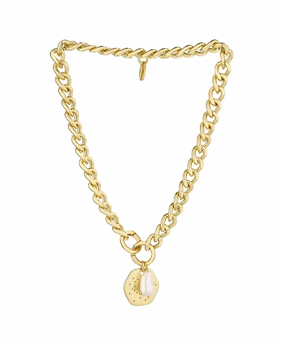 Ettika 18K Gold Plated Chunky Chain and Disc with Cultured Freshwater Pearl Necklace