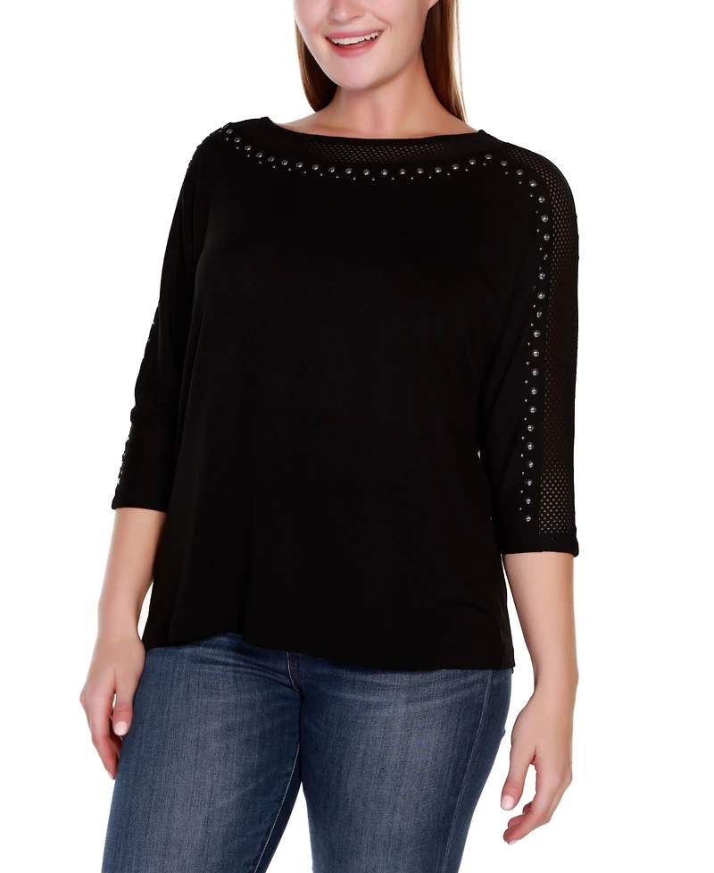 Belldini Plus Embellished Dolman with Mesh Inset Top