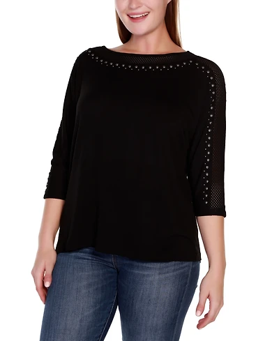 Belldini Plus Embellished Dolman with Mesh Inset Top
