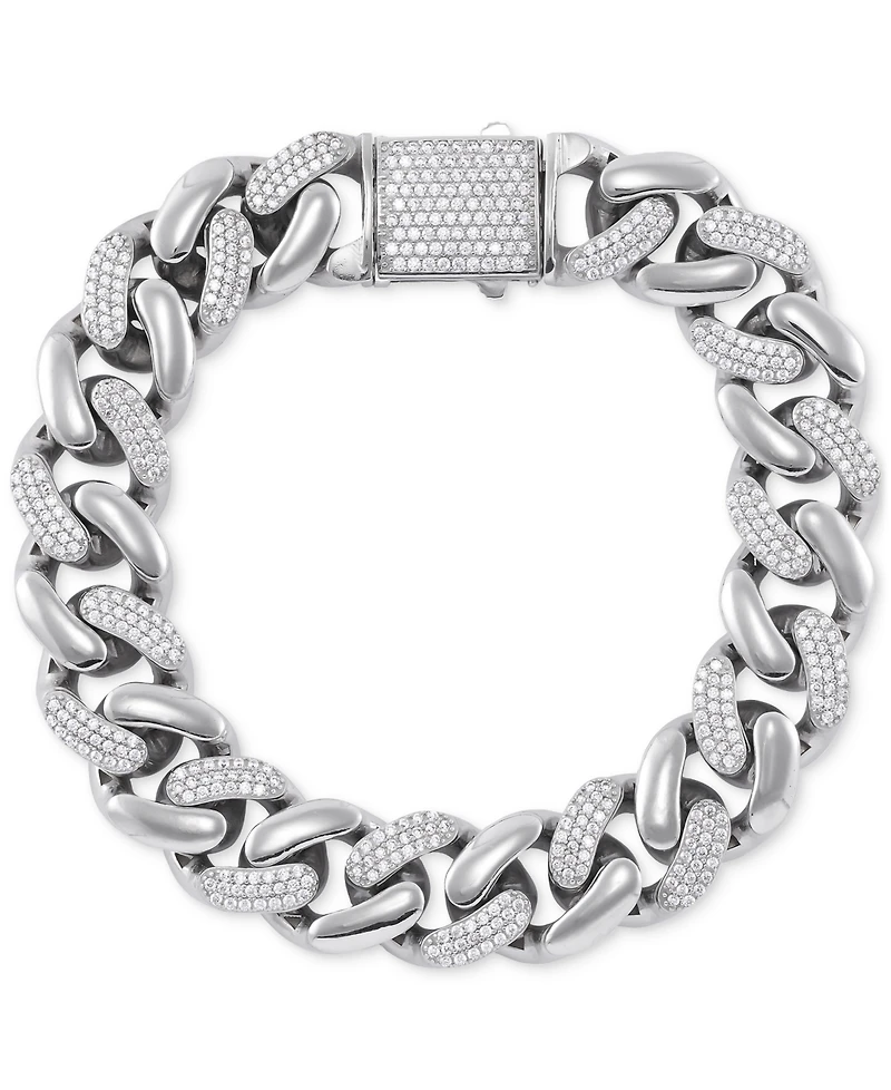 Men's Cubic Zirconia Pave Curb Link Chain Bracelet in Sterling Silver