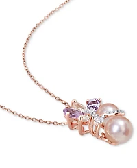 Pink Cultured Freshwater Pearl (7 & 8-1/2mm) & Multi-Gemstone (2-1/3 ct. t.w.) Flower Cluster 18" Pendant Necklace in 18K Rose Gold-Plated Sterling Si