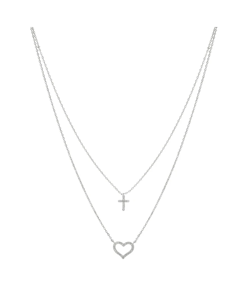 Unwritten Fine Silver Plated Cubic Zirconia Cross and Heart Layered Pendant Necklace