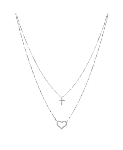 Unwritten Fine Silver Plated Cubic Zirconia Cross and Heart Layered Pendant Necklace