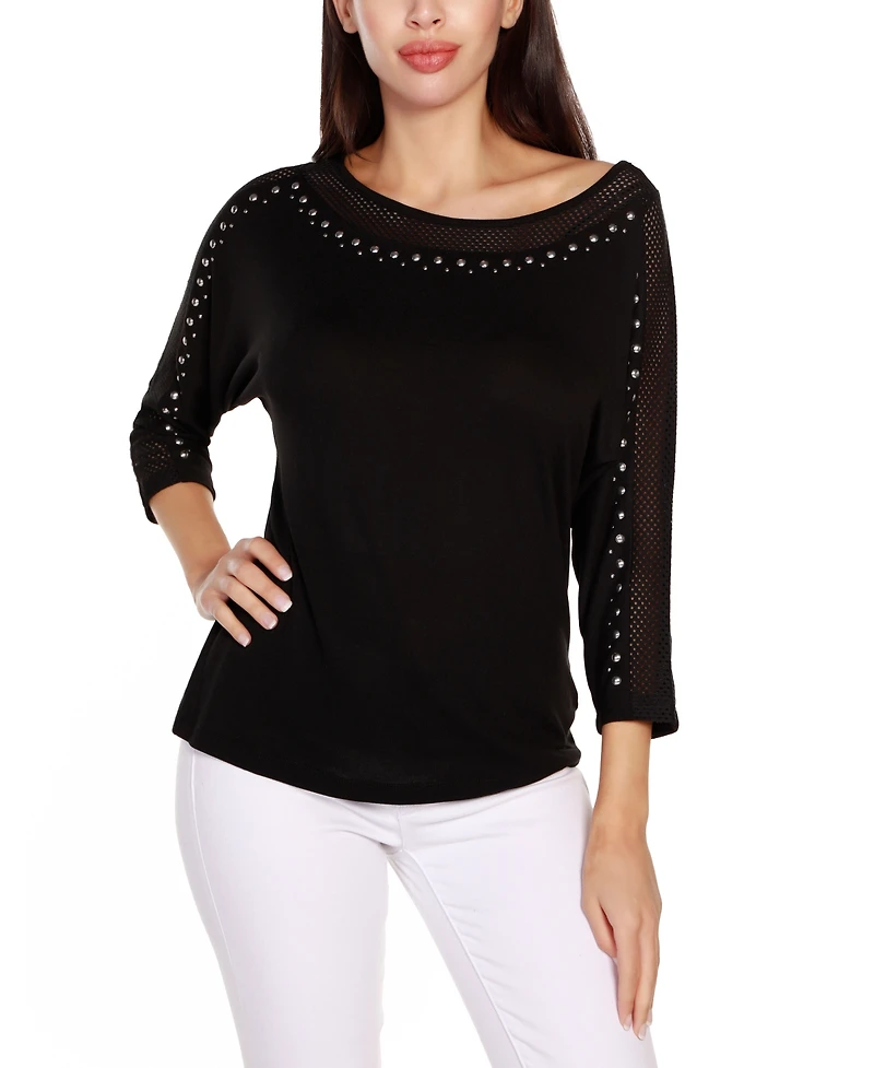 Belldini Women's Embellished Dolman with Mesh Inset Top