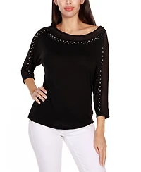Belldini Women's Embellished Dolman with Mesh Inset Top