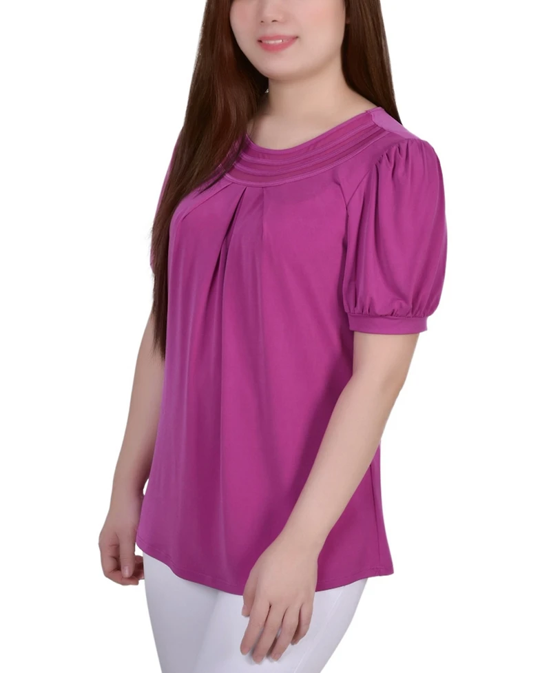 Women's Short Puff Sleeve Sheer Inset Top