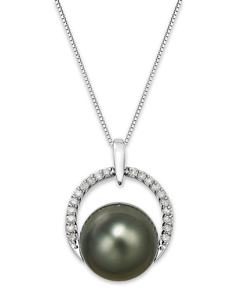Tahitian Pearl (12 mm) and Diamond (1/5 ct. t.w.) Arch Pendant Necklace in 14k White Gold