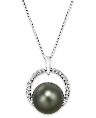 Tahitian Pearl (12 mm) and Diamond (1/5 ct. t.w.) Arch Pendant Necklace in 14k White Gold
