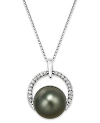 Tahitian Pearl (12 mm) and Diamond (1/5 ct. t.w.) Arch Pendant Necklace in 14k White Gold