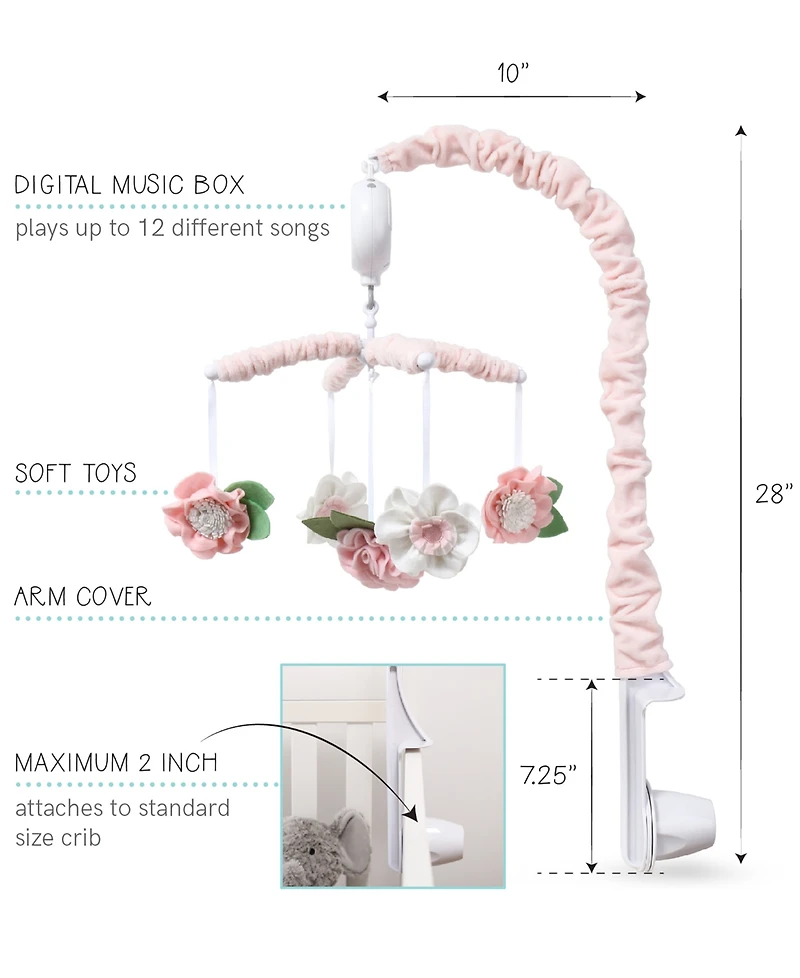 The Peanutshell Pink Floral Musical Crib Mobile for Baby Girls Plays 12 Lullabies