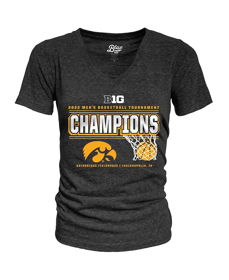 Women's Blue 84 Heathered Black Iowa Hawkeyes 2022 Big Ten Men's Basketball Conference Tournament Champions Locker Room V-Neck T-shirt