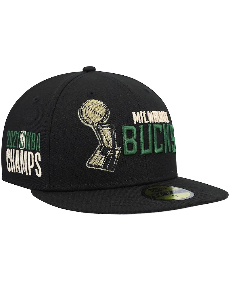 Men's New Era Black Milwaukee Bucks Champs Trophy 59Fifty Fitted Hat