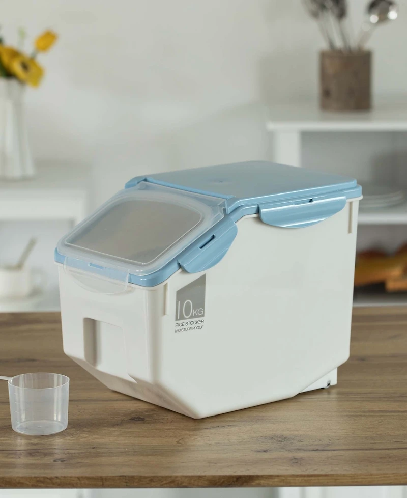 Plastic Storage Food Holder Containers with a Measuring Cup and Wheels