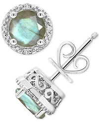 Cultured Freshwater Pearl & Diamond Accent Stud Earrings Sterling Silver (Also Onyx, Labradorite &Turquoise)