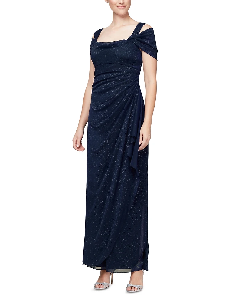 Alex Evenings Cold-Shoulder Draped Metallic Petite Gown