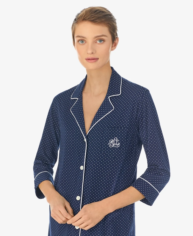 Lauren Ralph Womens 3/4 Sleeve Cotton Notch Collar Capri Pant Pajama Set