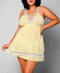 iCollection Women's Daisy Plus Chiffon and Lace Chemise Panty Set