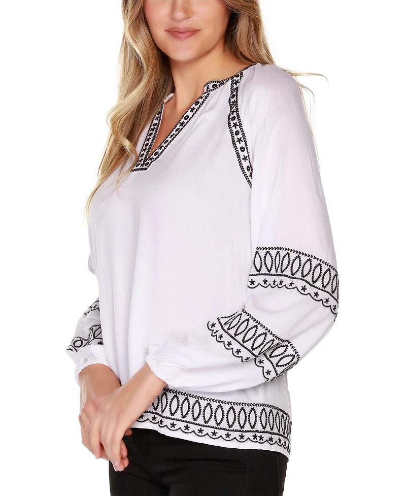 Belldini Women's Black Label Embroidered Blouson Split-Neck Top