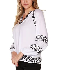 Belldini Women's Black Label Embroidered Blouson Split-Neck Top