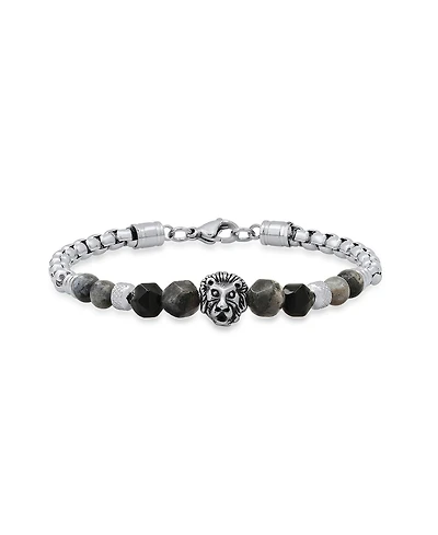 Steeltime Men's Stainless Steel Curb Chain Link Bracelet and Black or Gray Agate Stones with Lion Charm
