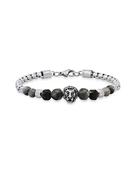 Steeltime Men's Stainless Steel Curb Chain Link Bracelet and Black or Gray Agate Stones with Lion Charm