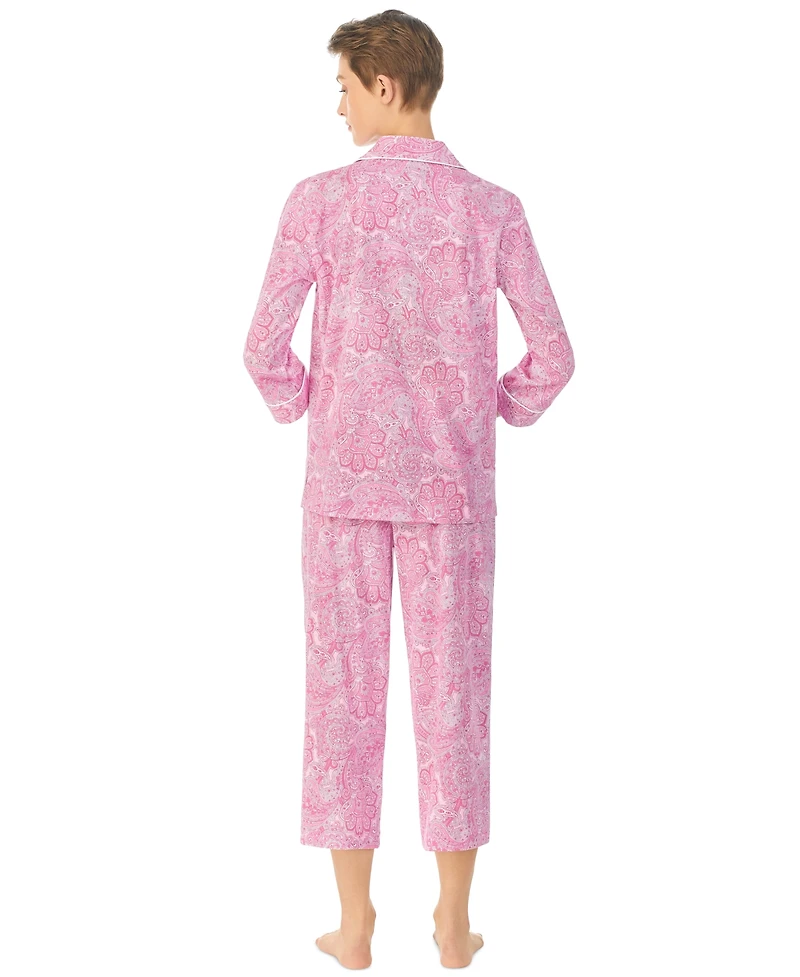 Lauren Ralph Womens 3/4 Sleeve Cotton Notch Collar Capri Pant Pajama Set