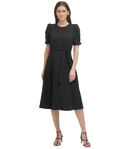 Dkny Women's Ruched-Sleeve Belted Fit and Flare Midi Dress