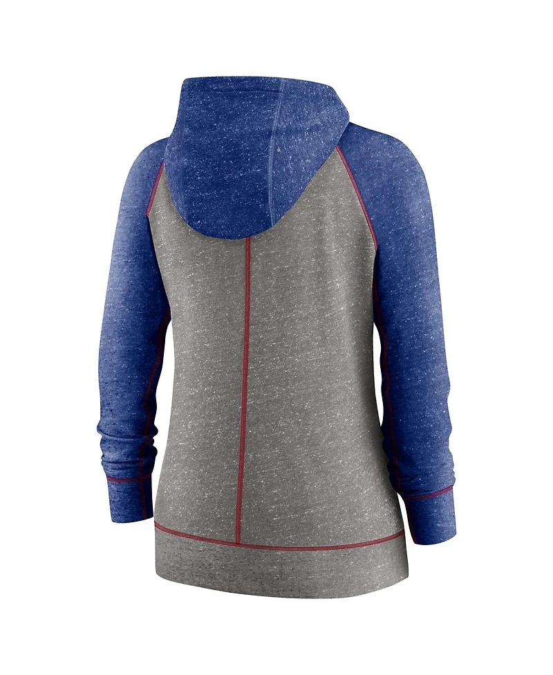 Women's Nike Heathered Charcoal and Heathered Royal Chicago Cubs Split Wordmark Gym Vintage-Like Raglan Slub Full-Zip Hoodie