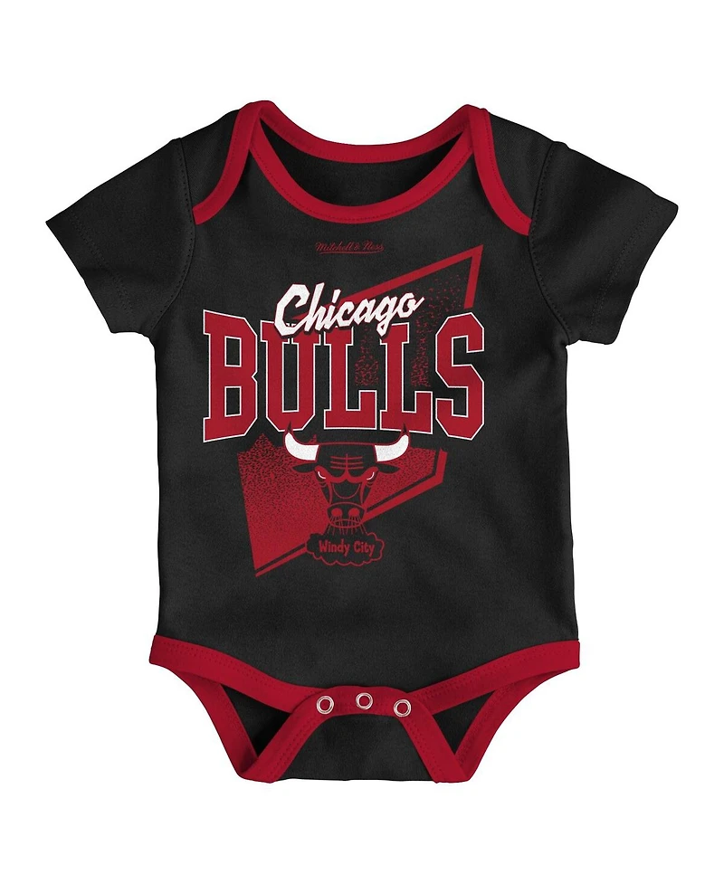 Infant Boys and Girls Mitchell & Ness Black, Red Chicago Bulls Hardwood Classics Bodysuits and Cuffed Knit Hat Set