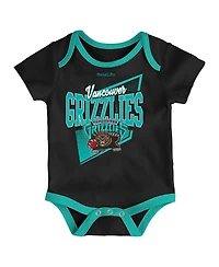 Infant Boys and Girls Mitchell & Ness Black, Turquoise Vancouver Grizzlies Hardwood Classics Bodysuits Cuffed Knit Hat Set