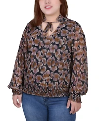 Ny Collection Plus Long Sleeve Tie Front Mesh Blouse