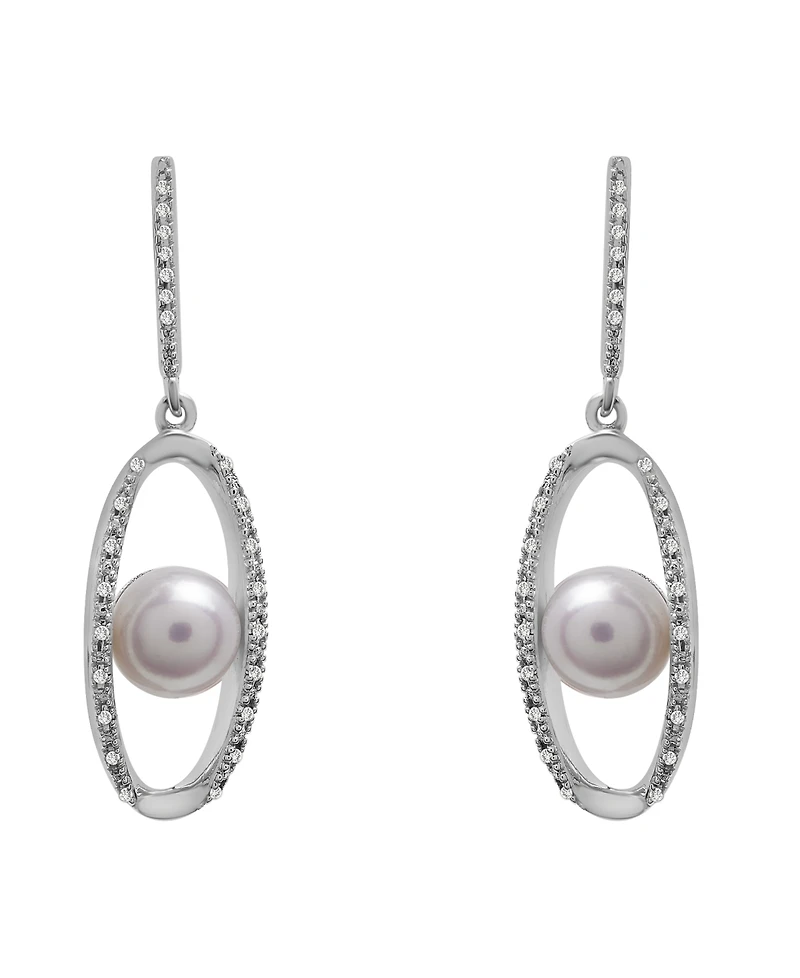 Cultured Freshwater Pearl (7mm) & Diamond (1/10 ct. tw.) Oval Earrings in Sterling Silver