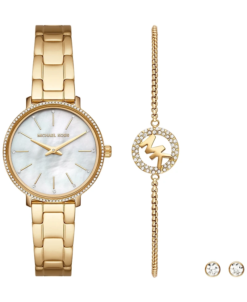 Michael Kors Women's Pyper Two-Hand Gold-Tone Stainless Steel Bracelet Watch 32mm and Earrings Set, 3 Pieces