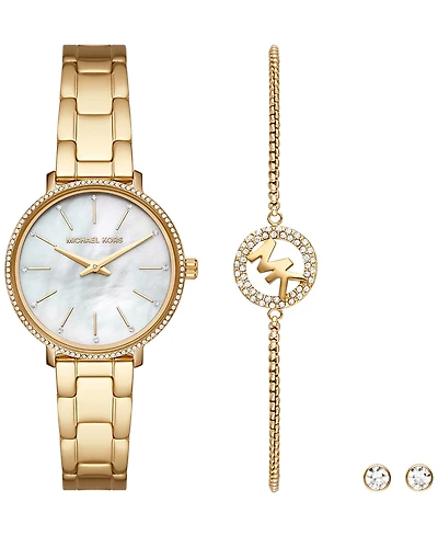 Michael Kors Women's Pyper Two-Hand Gold-Tone Stainless Steel Bracelet Watch 32mm and Earrings Set, 3 Pieces