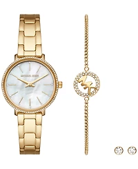 Michael Kors Women's Pyper Two-Hand Gold-Tone Stainless Steel Bracelet Watch 32mm and Earrings Set, 3 Pieces